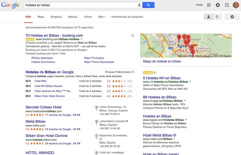 A la petición de hoteles en Google hay muchas zonas diferenciadas